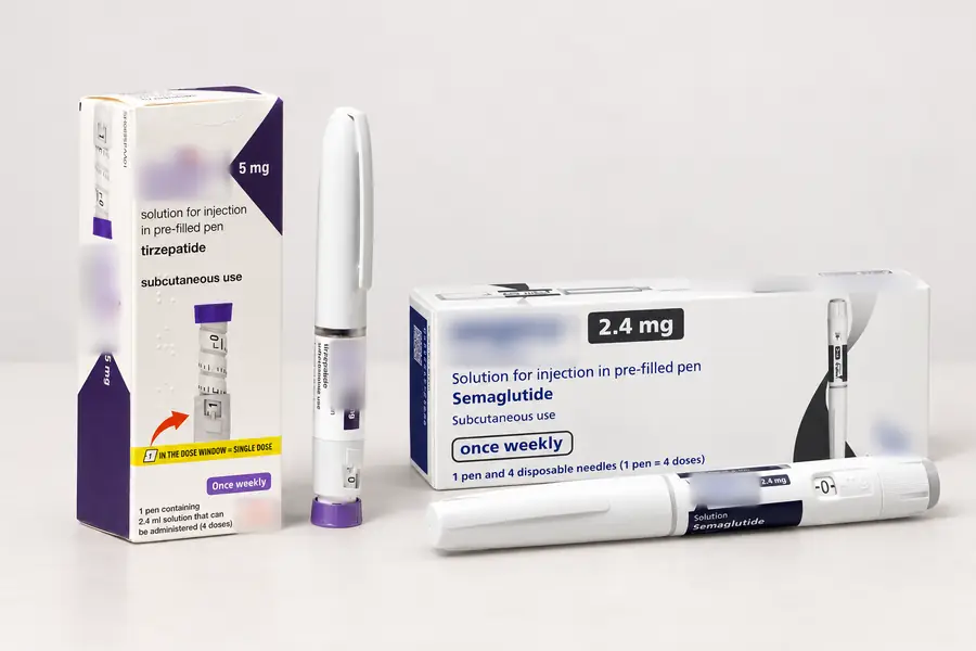 Are Mounjaro and Wegovy safe? Tirzepatide and semaglutide weekly injection pens, brand names blurred