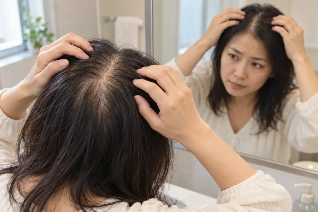 Woman checking her thinning hair and widening parting in the mirror, a common early sign of hair loss
